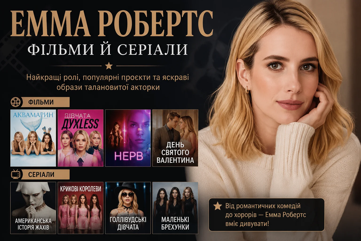 Фільми й серіали Емми Робертс за жанрами